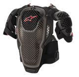 Alpinestars A-6 Chest Protector, Motocross Body Armor, Black Anthracite and Red, featuring perforated cell technology plates, red Alpinestars logo on the chest, adjustable straps and removable shoulder guards, protective off-road gear