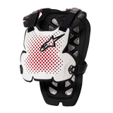 Alpinestars A-1 Pro Chest Protector, Motocross Body Armor, White Black and Red, featuring perforated ventilation with red interior, black star logo, adjustable black straps, lightweight protective padding for off-road racing