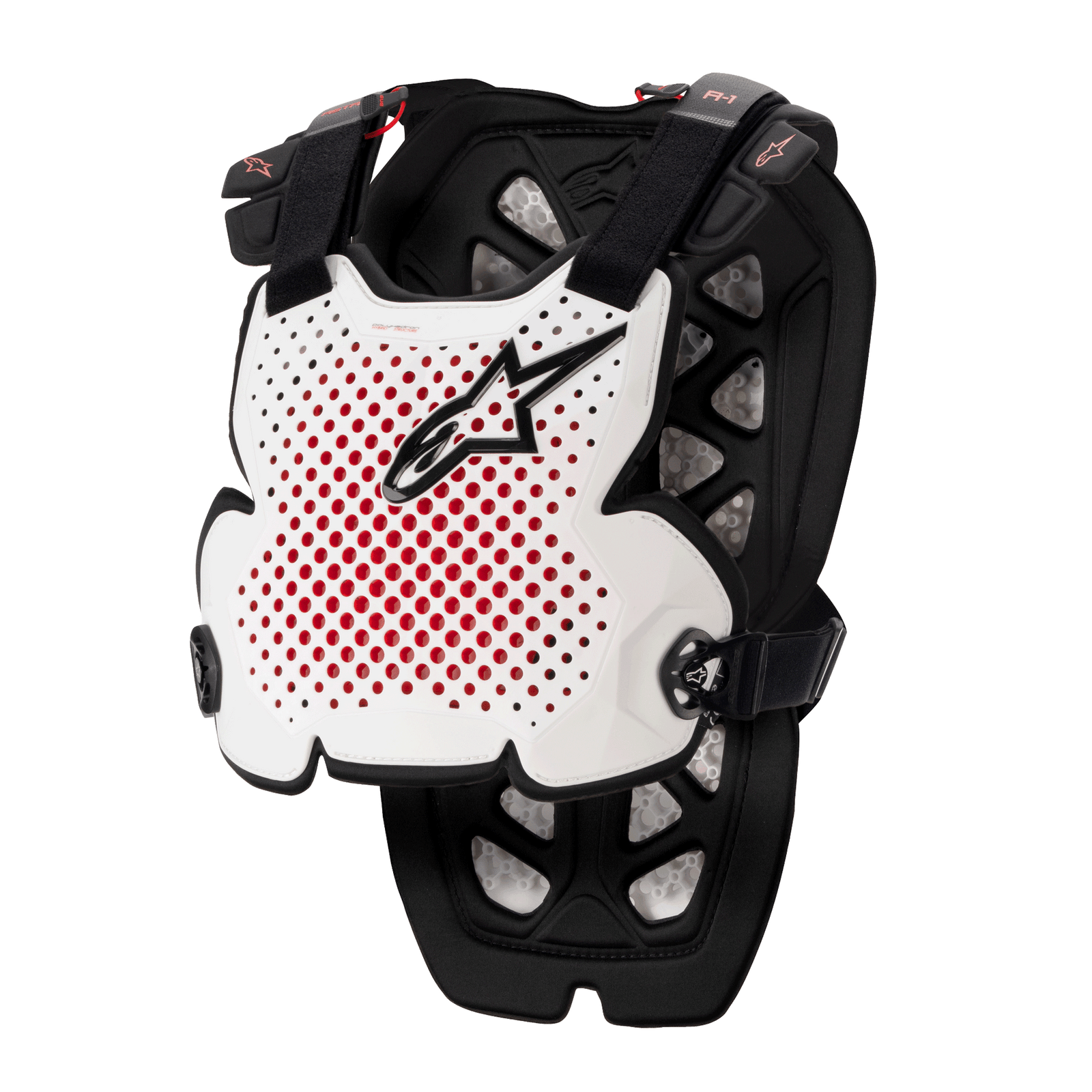 Alpinestars A-1 Pro Chest Protector, Motocross Body Armor, White Black and Red, featuring perforated ventilation with red interior, black star logo, adjustable black straps, lightweight protective padding for off-road racing