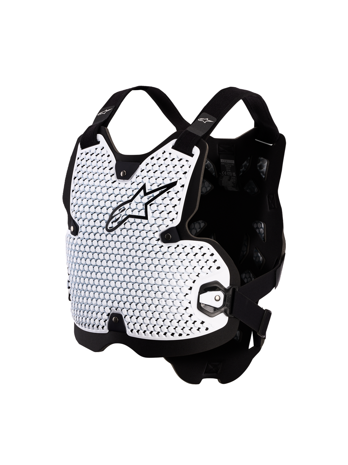 Alpinestars Bionic Action Chest Protector for Motocross, White and Black, featuring ventilated CE Level 1 A-Morph Technology.
