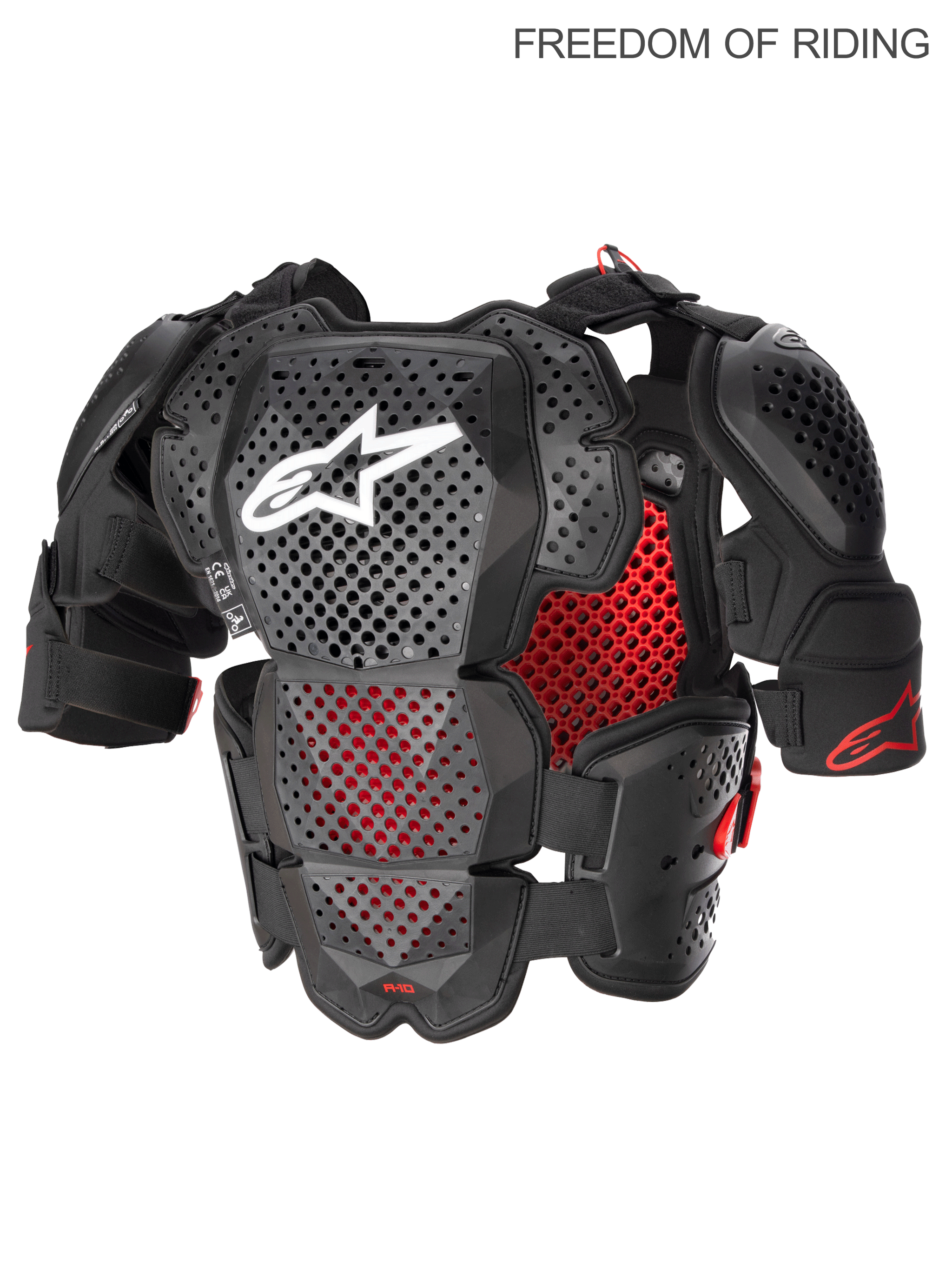 Alpinestars A-10 V2 Full Chest Protector, Motocross and Off-Road Body Armor for Men, Anthracite Black and Red, CE Level 2 Certified. Featuring Polyhedron Hybrid Technology for high ventilation, lightweight plastic shell with shoulder guards and ram air cooling channels.