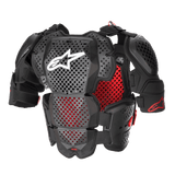 Alpinestars A-10 V2 Full Chest Protector, Motocross Body Armor, Anthracite Black and Red, featuring perforated chest and shoulder plates, red honeycomb lining, white Alpinestars logo on center chest, ultra-lightweight protective gear