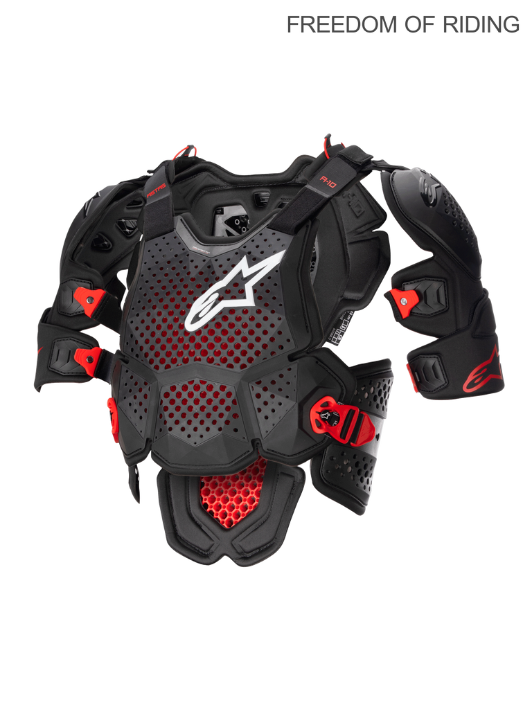 Alpinestars A-10 V2 Full Chest Protector, Motocross and Off-Road Body Armor for Men, Anthracite Black and Red, CE Level 2 Certified Polyhedron Hybrid Technology featuring a highly ventilated structure and integrated shoulder protectors for impact protection.
