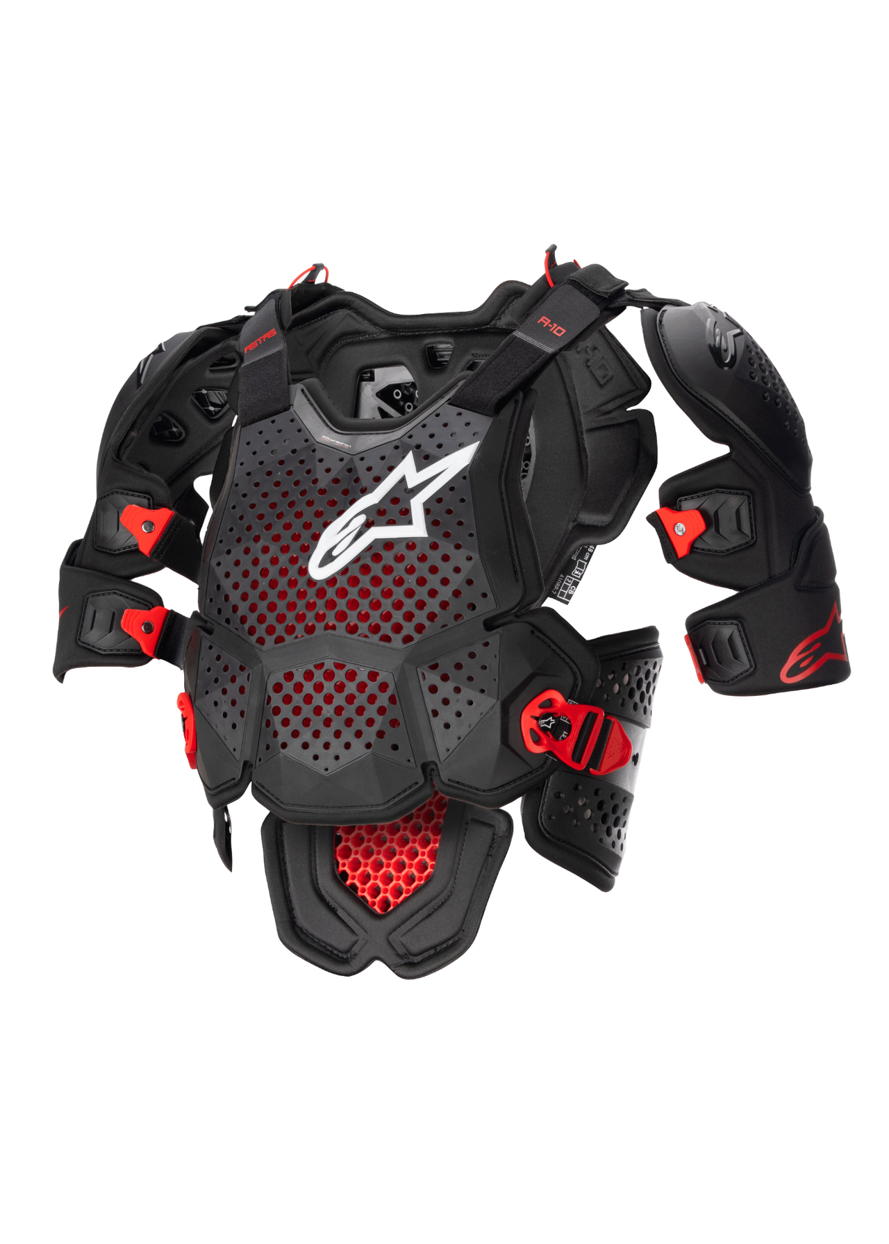 Alpinestars A-10 V2 Full Chest Protector, Motocross Body Armor in Anthracite Black and Red, featuring a perforated chest plate with a white Alpinestars logo, adjustable shoulder protection, and impact-resistant buckles, CE Level 2 certified off-road protective gear