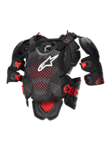Alpinestars A-10 V2 Full Chest Protector, Motocross Body Armor in Anthracite Black and Red, featuring a perforated chest plate with a white Alpinestars logo, adjustable shoulder protection, and impact-resistant buckles, CE Level 2 certified off-road protective gear