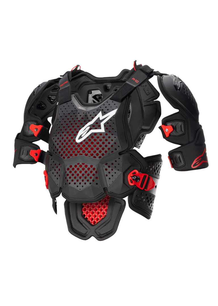 Alpinestars A-10 V2 Full Chest Protector, Motocross Body Armor in Anthracite Black and Red, featuring a perforated chest plate with a white Alpinestars logo, adjustable shoulder protection, and impact-resistant buckles, CE Level 2 certified off-road protective gear