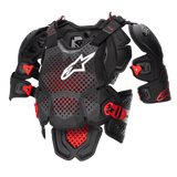 Alpinestars A-10 V2 Full Chest Protector, Motocross Body Armor, Anthracite Black and Red, featuring a perforated chest plate with white Alpinestars logo, adjustable shoulder pads, and red impact-resistant buckles, protective gear for off-road racing