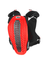 Alpinestars A-5 Plasma Chest Protector, Motorcycle Chest and Back Protector, Black and Red, back view showing red wavy perforated Nucleon PLASMA shell with a grey central zone, black adjustable straps with white logos, protective gear for motocross and off-road riding