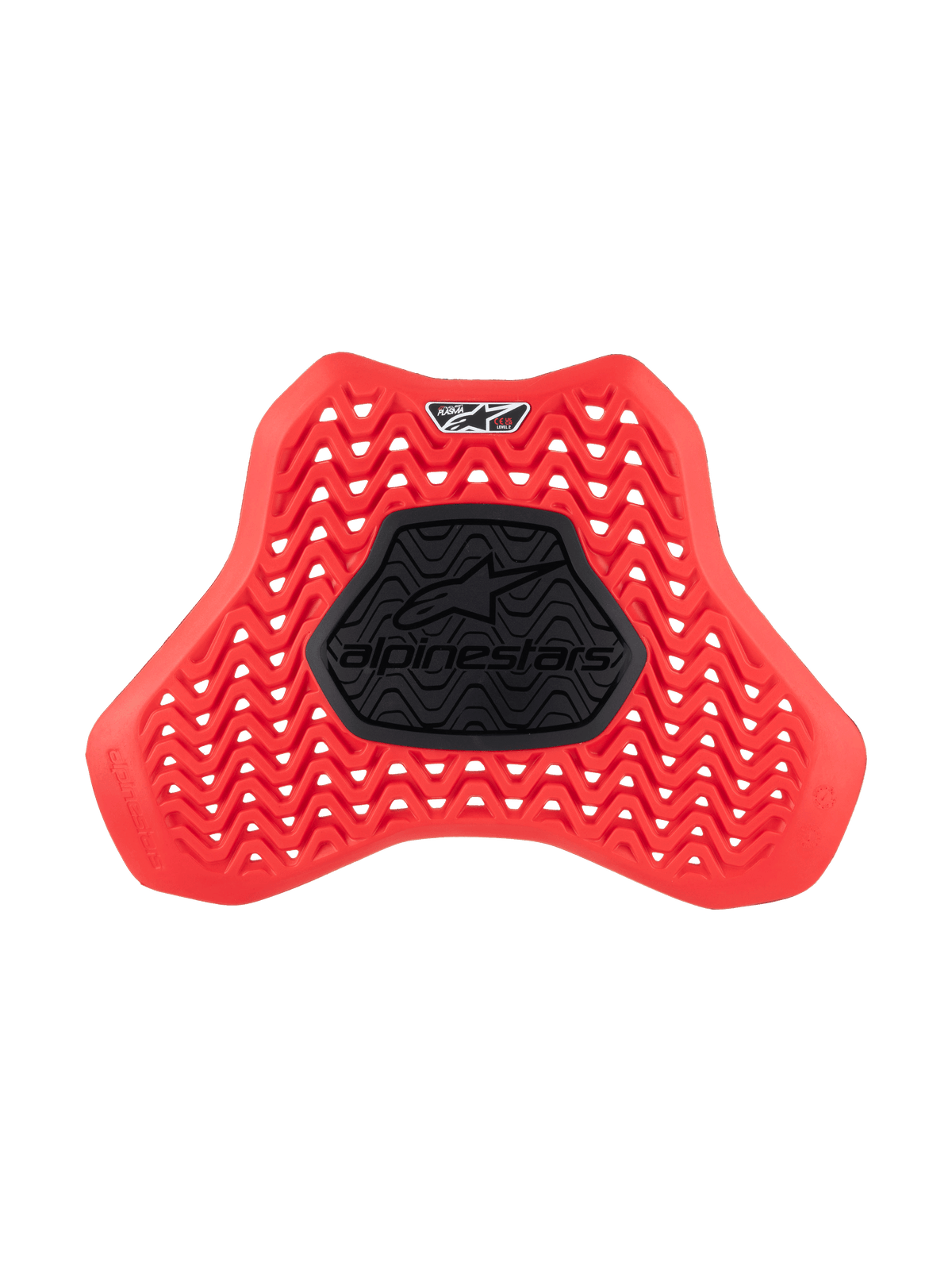 Alpinestars Nucleon Plasma Full Chest Protector Insert, Motorcycle Chest Protector, Red and Black, featuring a wavy ventilated pattern for airflow, central black semi-rigid zone with Alpinestars logo, ergonomic shield design for impact protection