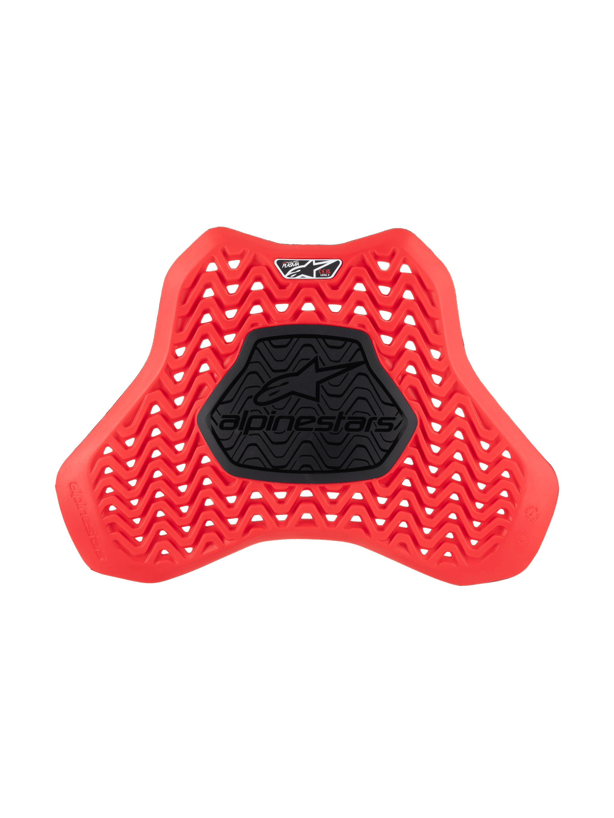 Alpinestars Nucleon Plasma Full Chest Protector Insert, Motorcycle Chest Protector, Red and Black, featuring a wavy ventilated pattern for airflow, central black semi-rigid zone with Alpinestars logo, ergonomic shield design for impact protection