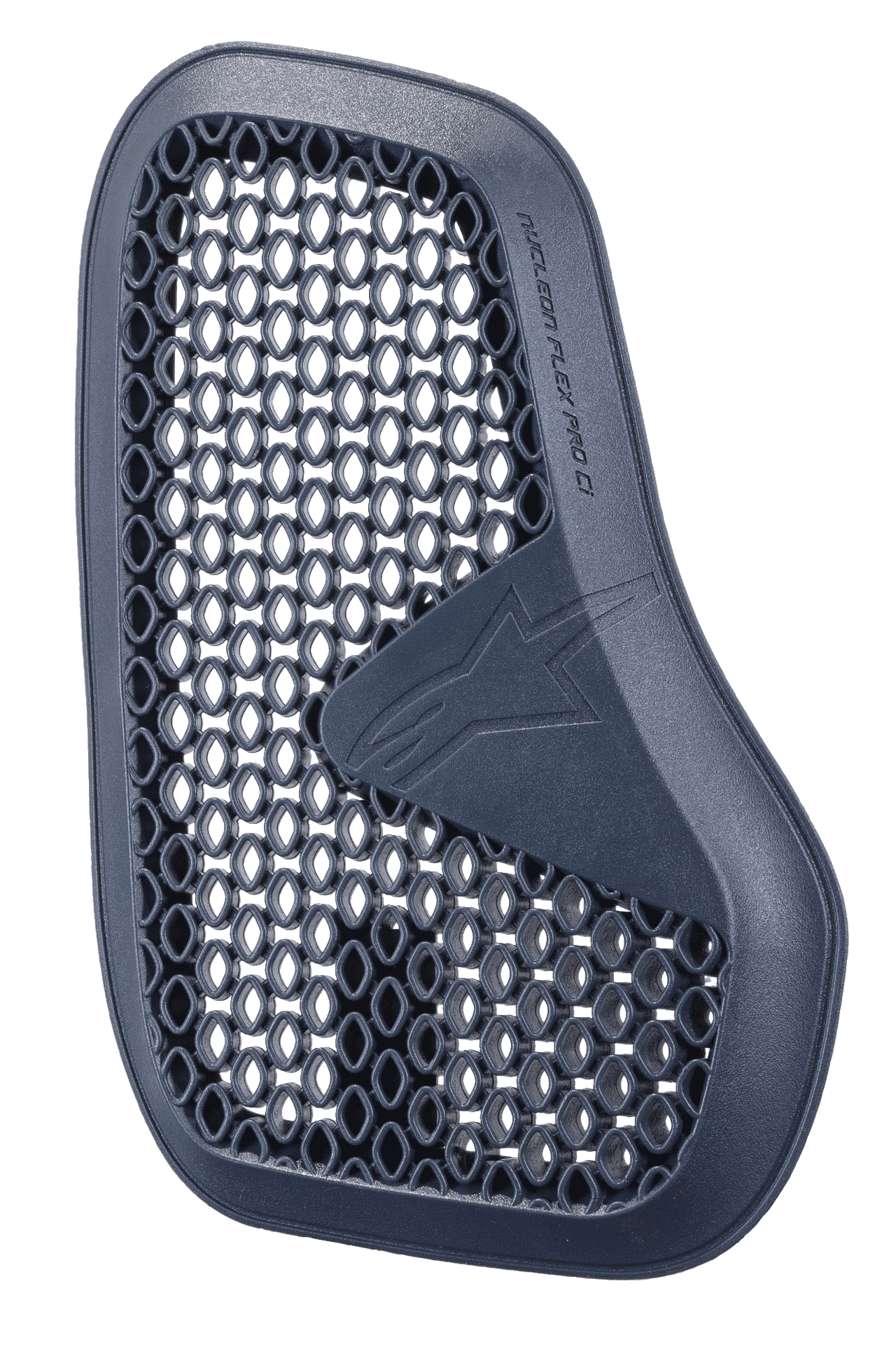 Alpinestars Nucleon Flex Pro Ci Protector, Anthracite grey motorcycle chest protector, left piece of a divided set, honeycomb mesh microstructure for ventilation and energy absorption, embossed Alpinestars logo and text, lightweight ergonomic design