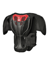 Alpinestars Youth A-5 S Body Armour, Back View, Black and Red, featuring a protective grid lattice back plate, ventilated honeycomb structure, and integrated shoulder pads for off-road motocross protection