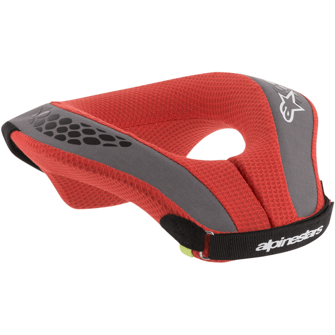Alpinestars Youth Sequence Neck Roll, Motocross Neck Brace, Red and Gray, featuring red mesh padding with gray accents and a black strap, white branding and logo details, ergonomic protection for young riders