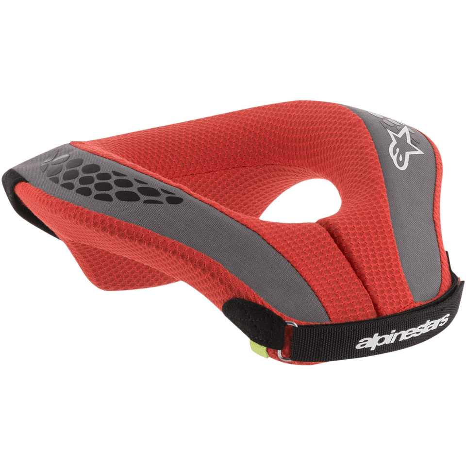 Alpinestars Youth Sequence Neck Roll, Motocross Neck Brace, Red and Gray, featuring red mesh padding with gray accents and a black strap, white branding and logo details, ergonomic protection for young riders