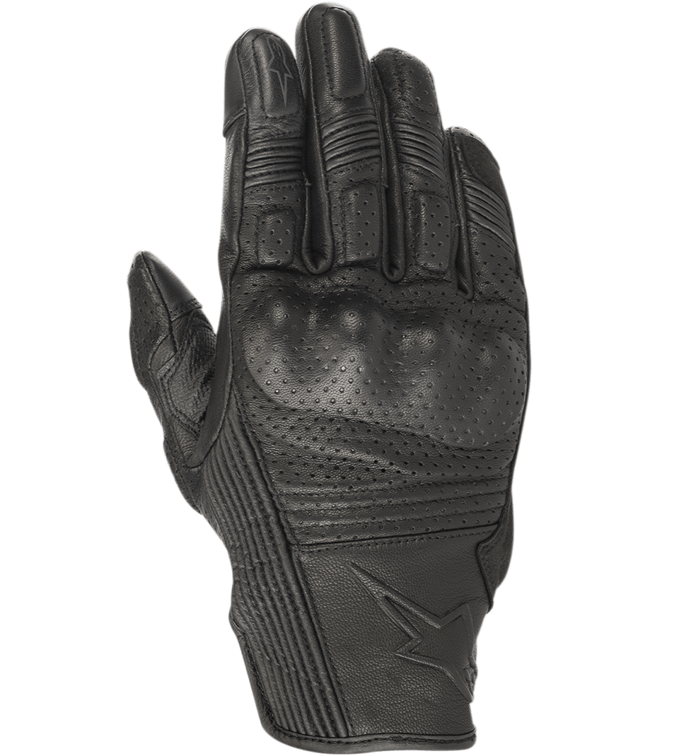 Alpinestars Mustang V2 Gloves, Black Leather Motorcycle Gloves, Perforated Design with Integrated Knuckle Protection, Accordion Stretch Panels on Fingers, Embossed Star Logo, Urban Short-Cuff Style