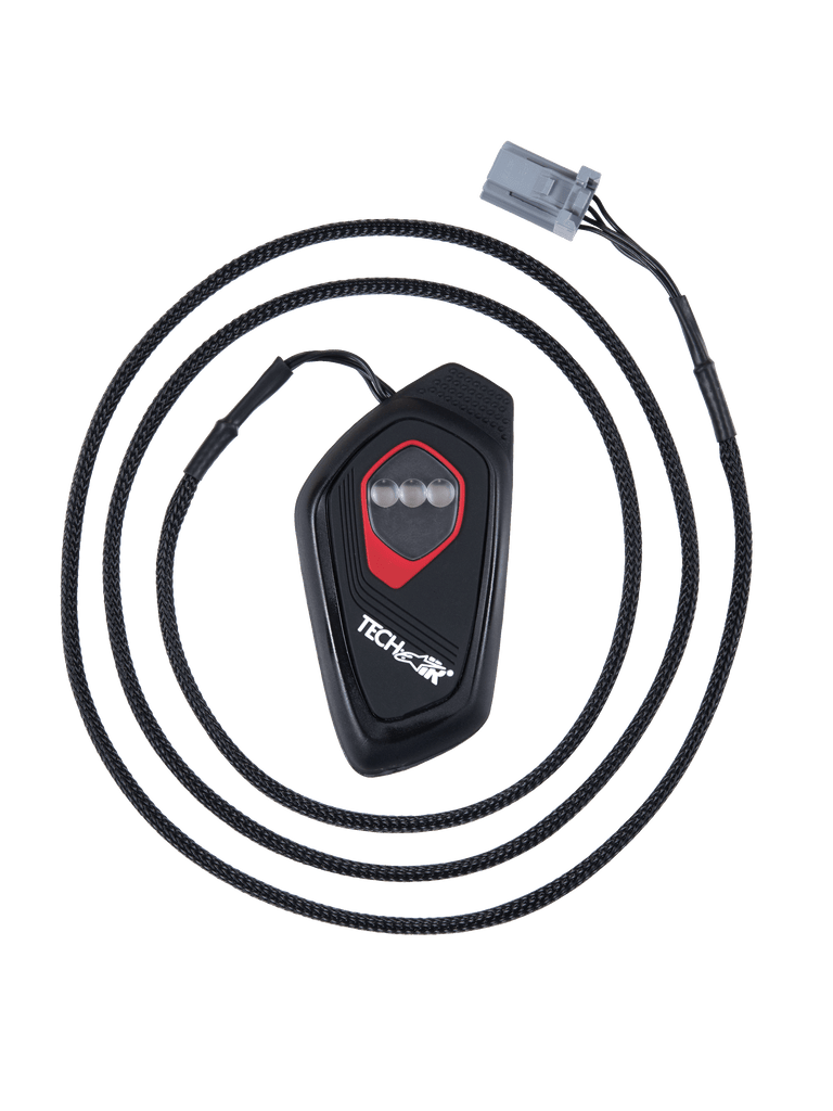 Alpinestars Tech-Air® 7X LED Display, black teardrop-shaped electronic control unit with red outline, three circular LED indicators, braided cable with gray connector, motorcycle airbag system display module