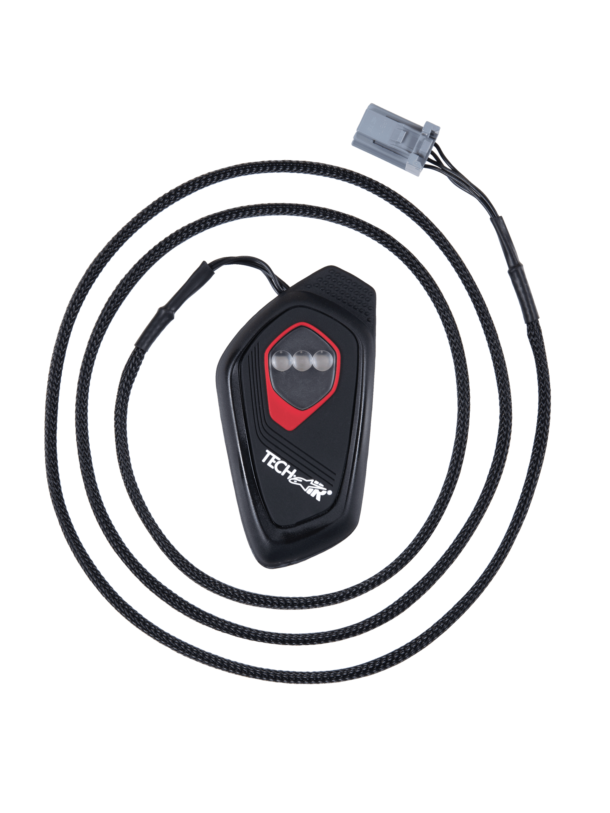 Alpinestars Tech-Air® 7X LED Display, black teardrop-shaped electronic control unit with red outline, three circular LED indicators, braided cable with gray connector, motorcycle airbag system display module