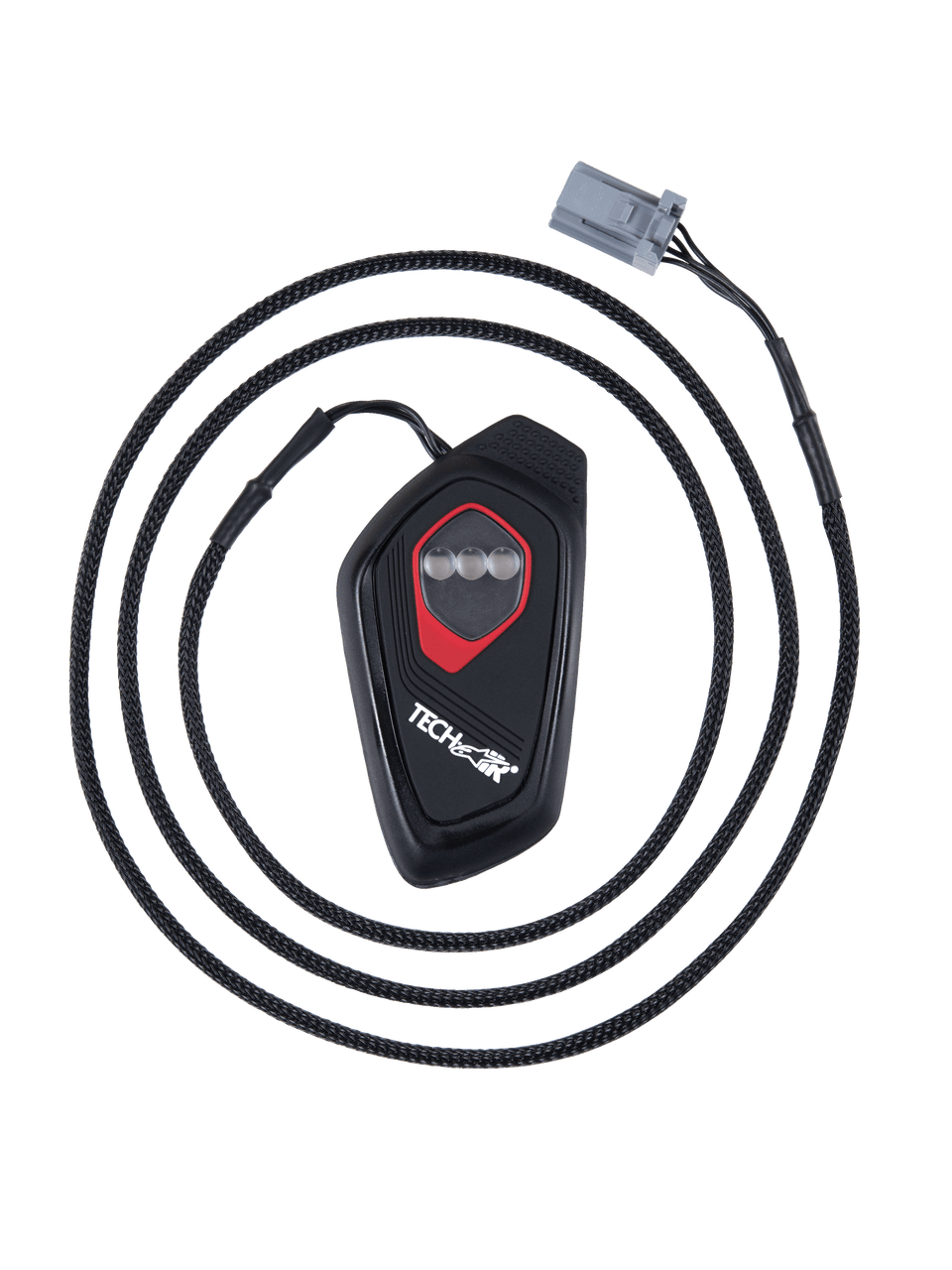 Alpinestars Tech-Air® 7X LED Display, black teardrop-shaped electronic control unit with red outline, three circular LED indicators, braided cable with gray connector, motorcycle airbag system display module