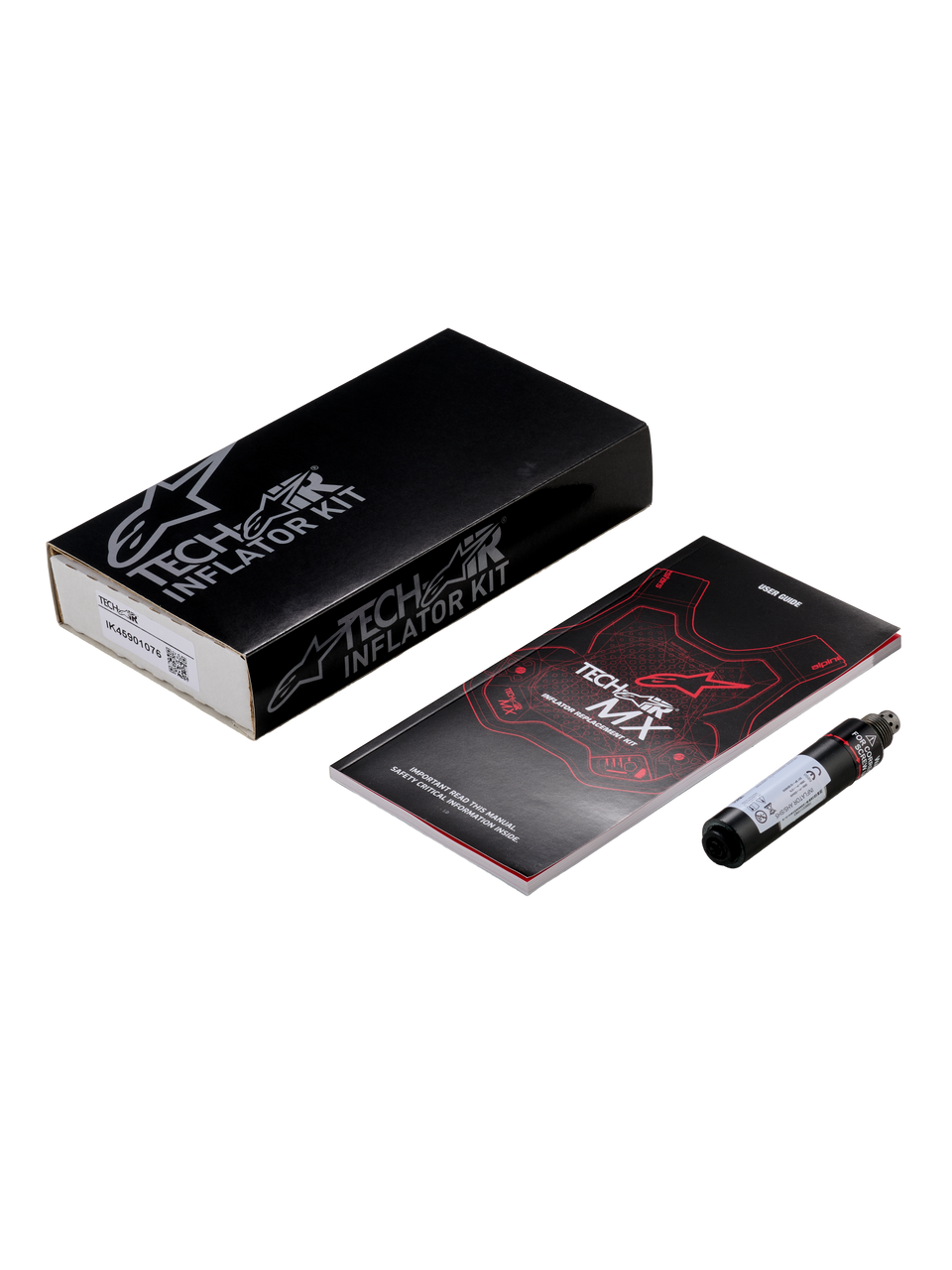 Alpinestars Tech-Air® MX Airbag System Replacement Canister kit, featuring a black cylindrical argon inflator cartridge, a user manual with red and white graphics, and a black retail box with white branding, essential motorcycle airbag safety maintenance equipment.
