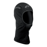 Alpinestars Open-Face Balaclava, Motorcycle Riding Base Layer, Unisex, Black, Moisture-Wicking Textile, featuring silver Alpinestars logos, ergonomic open-face design with flatlock seams and an extended neck for wind protection and coverage.