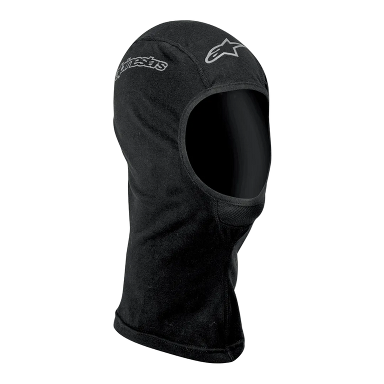 Alpinestars Open-Face Balaclava, Motorcycle Riding Base Layer, Unisex, Black, Moisture-Wicking Textile, featuring silver Alpinestars logos, ergonomic open-face design with flatlock seams and an extended neck for wind protection and coverage.