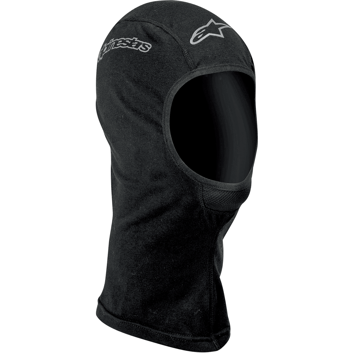 Alpinestars Open-Face Balaclava, Motorcycle Base Layer, Black, featuring silver Alpinestars logos on the forehead and side, soft moisture-wicking fabric with flatlock seams and extended neck for coverage