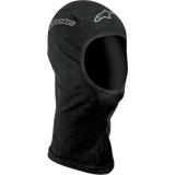Alpinestars Open-Face Balaclava, Motorcycle Base Layer, Black, featuring silver Alpinestars logos on the forehead and side, soft moisture-wicking fabric with flatlock seams and extended neck for coverage