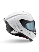 Alpinestars Supertech R10 Solid Helmet, White Glossy and Black Matt motorcycle racing helmet, side profile view, aerodynamic design with rear winglets and side vents, blue-tinted visor, featuring a black Alpinestars star logo on the side
