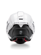 Alpinestars Supertech R10 Solid Helmet, Rear view, White Glossy top with Black Matte lower section, aerodynamic spoiler with black Alpinestars logo, visible carbon fiber texture, and safety certification decals