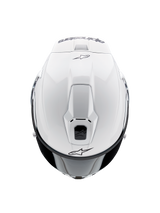 Alpinestars Supertech R10 Solid Helmet, Full-Face Motorcycle Helmet, White Glossy, top-down view highlighting aerodynamic vents and black Alpinestars logos, sleek racing-inspired profile.