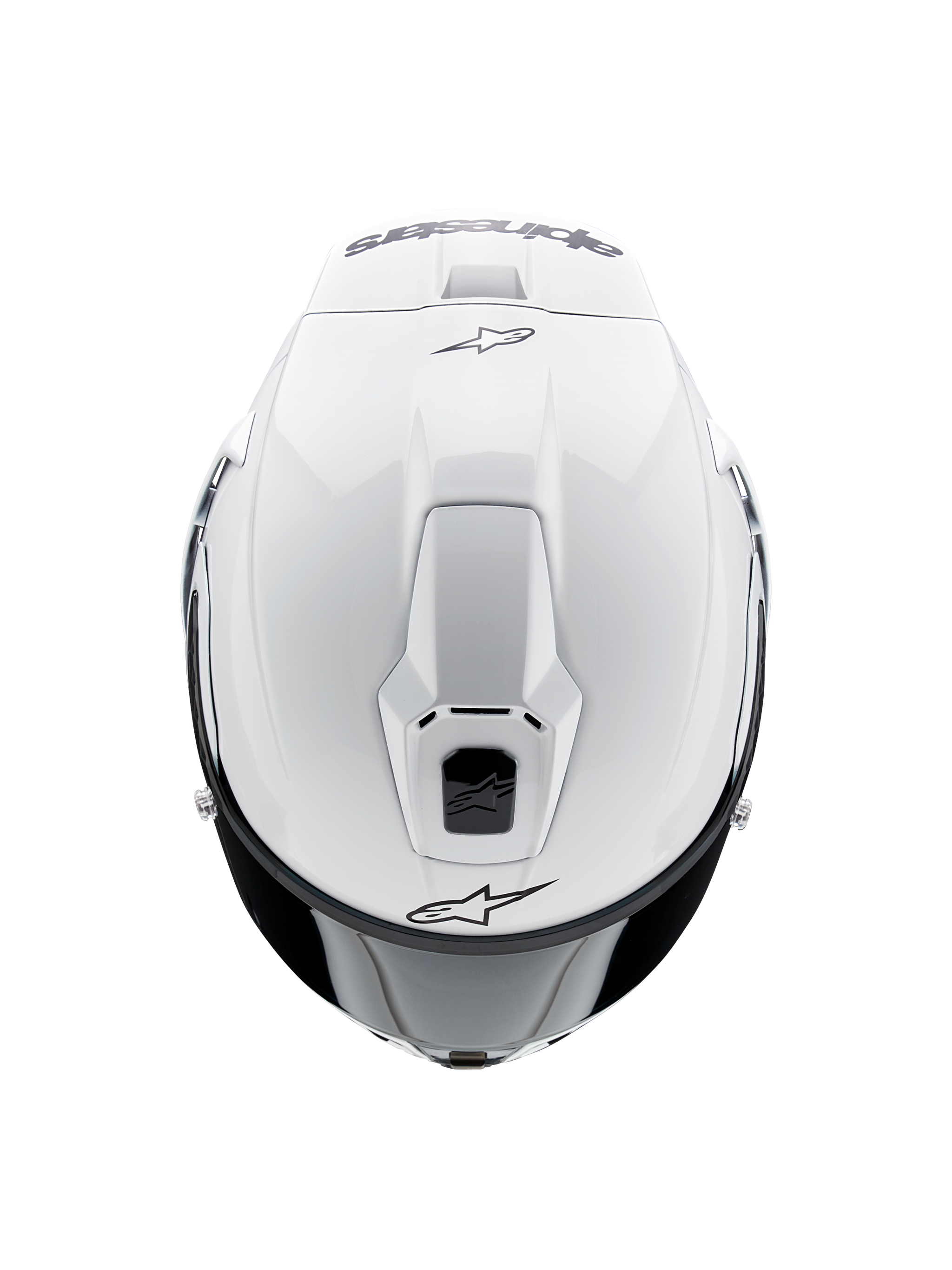 Alpinestars Supertech R10 Solid Helmet, Full-Face Motorcycle Helmet, White Glossy, top-down view highlighting aerodynamic vents and black Alpinestars logos, sleek racing-inspired profile.