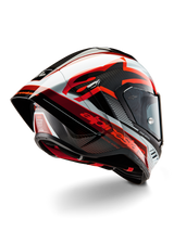 Alpinestars Supertech R10 Team Helmet, Full-Face Racing Helmet, Black Carbon Red and White Glossy, aerodynamic design with rear spoiler and visible carbon fiber texture, featuring bold Alpinestars logos and DOT certification label