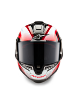 Alpinestars Supertech R10 Team Helmet, Front View, Black Carbon Red and White Glossy, featuring a dark smoke visor, white Astar logo on forehead, red Alpinestars branding on chin bar, aerodynamic race-ready design with intricate graphics