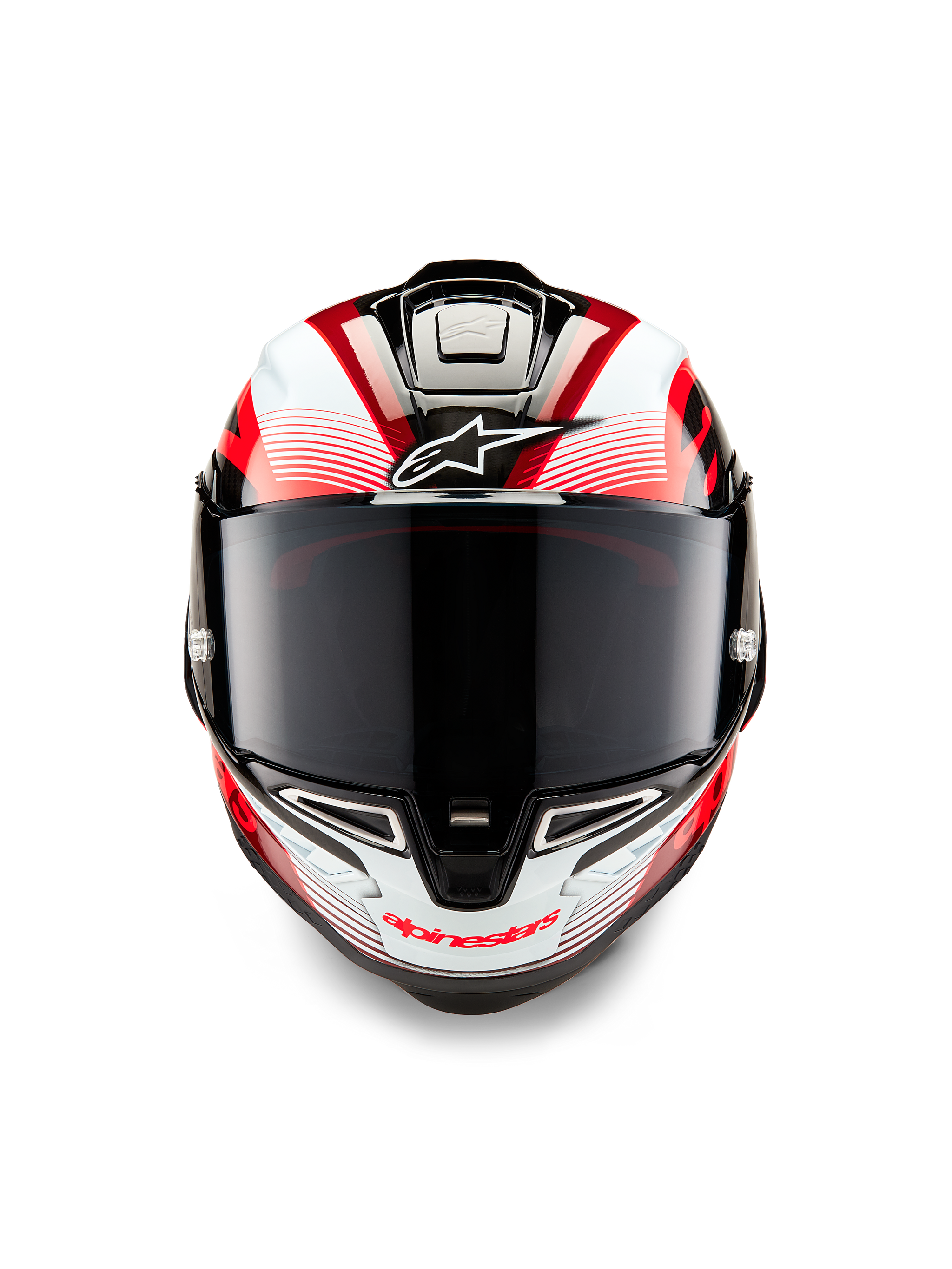Alpinestars Supertech R10 Team Helmet, Front View, Black Carbon Red and White Glossy, featuring a dark smoke visor, white Astar logo on forehead, red Alpinestars branding on chin bar, aerodynamic race-ready design with intricate graphics