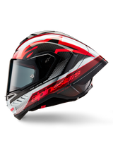 Alpinestars Supertech R10 Team Helmet, full-face motorcycle racing helmet, Black Carbon Red and White Glossy finish, side profile showing aerodynamic design, bold red branding with 'One Vision' and 'Racing Ahead' text, sleek carbon fiber construction for professional performance.