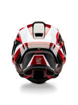Alpinestars Supertech R10 Team Helmet, Rear View, Black Carbon Red and White Glossy, aerodynamic shell design with bold red and white panels, featuring Alpinestars branding on the spoiler and a red star logo, professional racing motorcycle helmet