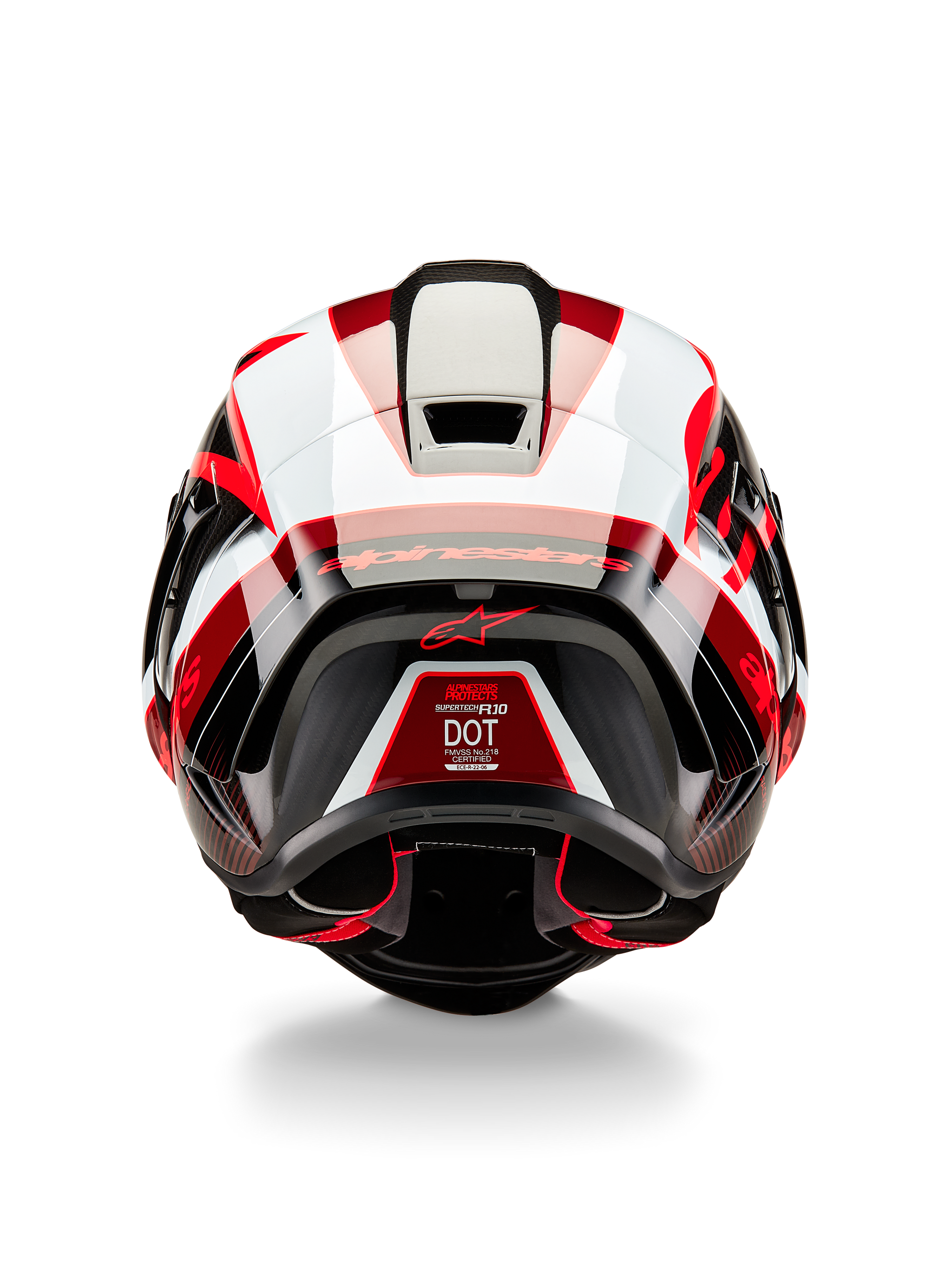 Alpinestars Supertech R10 Team Helmet, Rear View, Black Carbon Red and White Glossy, aerodynamic shell design with bold red and white panels, featuring Alpinestars branding on the spoiler and a red star logo, professional racing motorcycle helmet