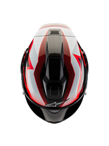 Alpinestars Supertech R10 Team Helmet, Top-down view, Black Carbon Red and White Glossy, aerodynamic shell with central ventilation ports and bold racing graphics, professional sport motorcycle helmet.