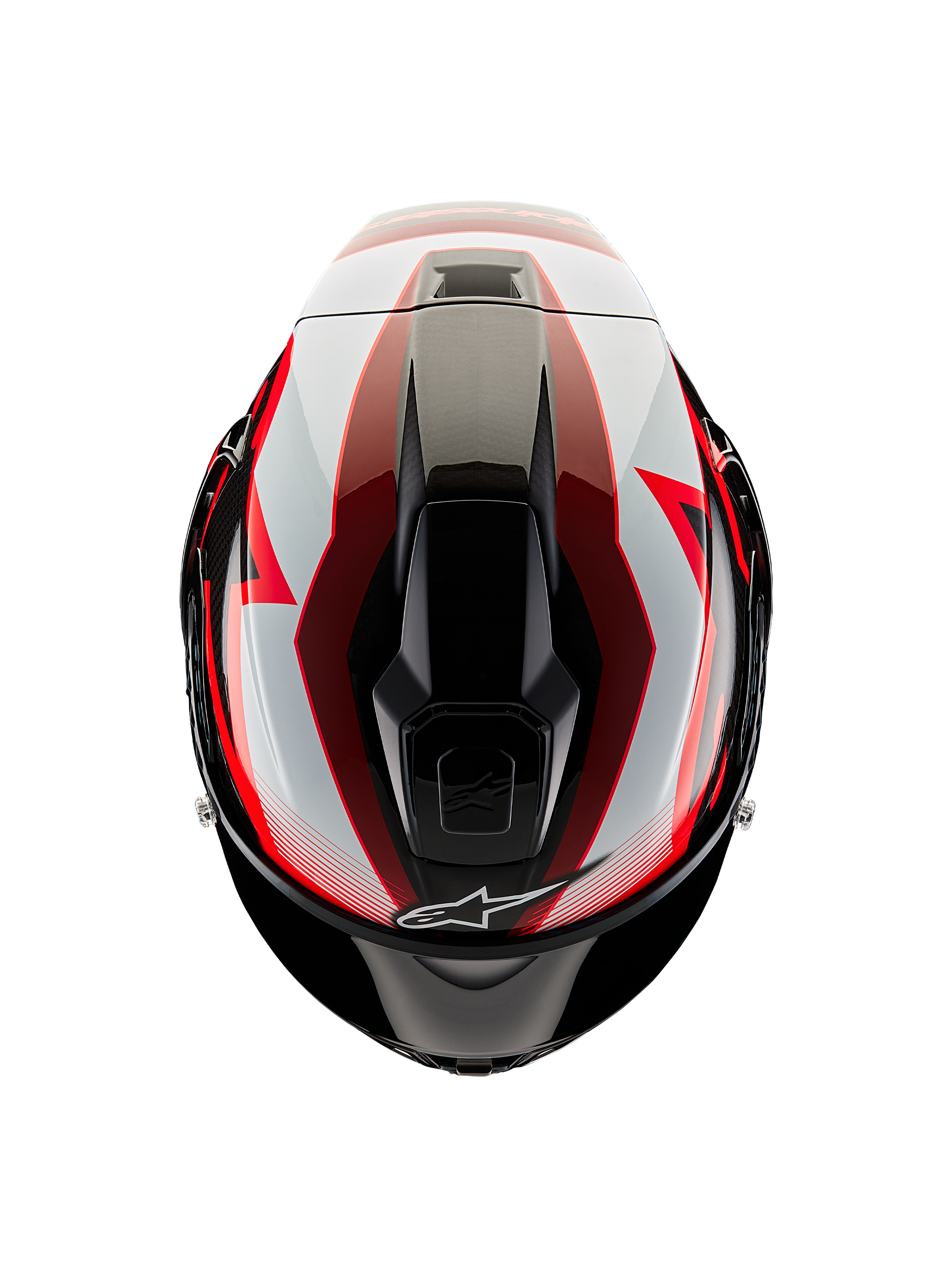 Alpinestars Supertech R10 Team Helmet, Top-down view, Black Carbon Red and White Glossy, aerodynamic shell with central ventilation ports and bold racing graphics, professional sport motorcycle helmet.