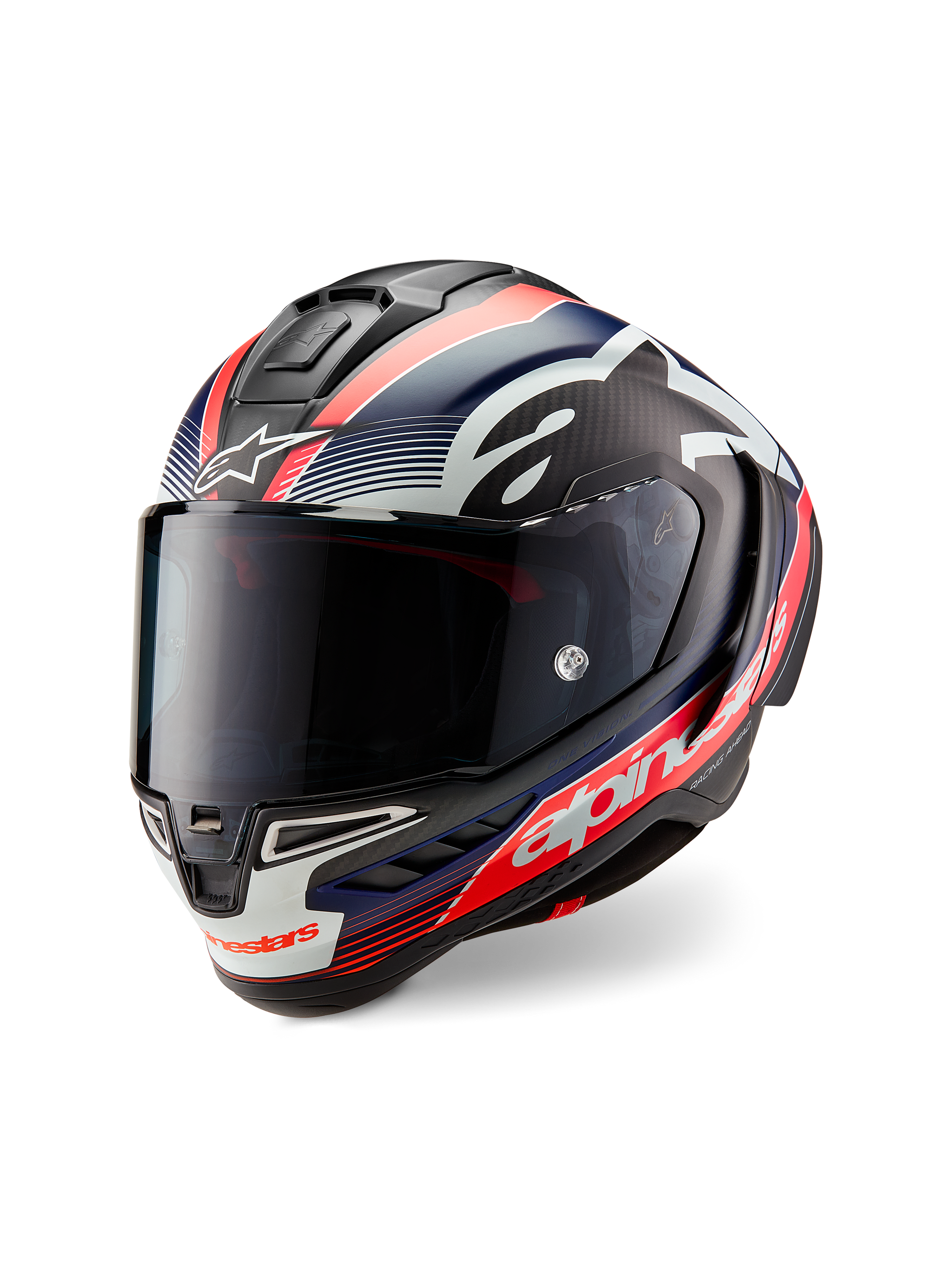 Alpinestars Supertech R10 Team Helmet, Black Carbon with Red Fluo and Matte Blue graphics, three-quarter front view, featuring a dark smoke visor, aerodynamic race shell, and bold white Alpinestars branding.