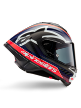 Alpinestars Supertech R10 Team Helmet, Motorcycle Racing Helmet, Black Carbon with Red Fluo and Blue Matte accents, featuring large white Alpinestars branding, aerodynamic design with integrated spoilers, clear visor, visible carbon fiber texture, sleek racing profile