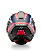 Alpinestars Supertech R10 Team Helmet, Rear View, Black Carbon with Red Fluo and Blue Matte accents, featuring an aerodynamic spoiler, bold white Alpinestars branding, and DOT certification label, professional motorsport gear