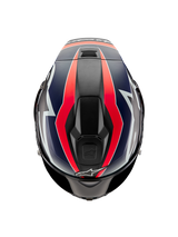 Alpinestars Supertech R10 Team Helmet, top-down view, Black Carbon with Red Fluo and Matte Blue graphics, featuring an aerodynamic shell design with top ventilation ports and bold racing accents.