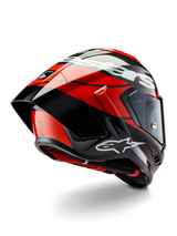 Alpinestars Supertech R10 Element Helmet, Black Carbon Bright Red and White Glossy, rear-three-quarter view showing large aerodynamic spoiler and carbon fiber shell, featuring bold Alpinestars logos and DOT certification