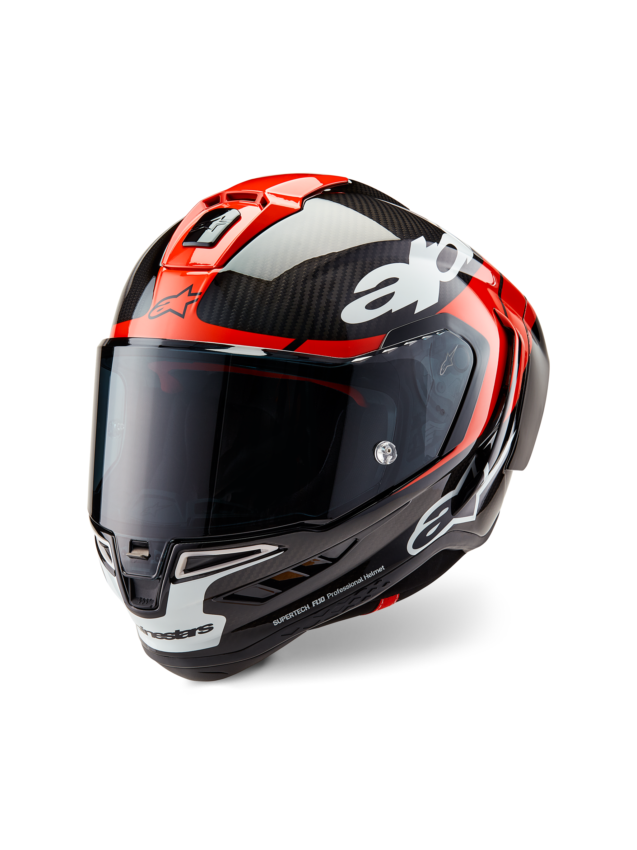 Alpinestars Supertech R10 Element Helmet, Racing Motorcycle Helmet, Black Carbon Bright Red and White Glossy, three-quarter front view with a dark tinted visor, featuring a glossy carbon fiber shell, red top vents, white chin accents, and bold Alpinestars branding, designed for aerodynamic racing performance.