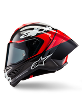 Alpinestars Supertech R10 Element Helmet, Full-Face Racing Helmet, Black Carbon Bright Red and White Glossy, side profile view showing aerodynamic carbon fiber shell with exposed weave, white Alpinestars branding, and integrated rear spoiler