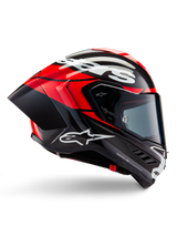Alpinestars Supertech R10 Element Helmet, Full-face motorcycle racing helmet, Black Carbon with Bright Red and White accents, side profile showing aerodynamic carbon fiber shell, glossy finish with white logo, tinted visor, professional racing protection