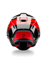 Alpinestars Supertech R10 Element Helmet, rear view, Black Carbon with Bright Red and White Glossy accents, featuring an aerodynamic rear spoiler, exhaust vents, and DOT certification label, sleek racing-inspired design with carbon fiber detailing