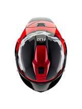 Alpinestars Supertech R10 Element Helmet, Top View, Black Carbon with Bright Red and White Glossy graphics, aerodynamic race helmet featuring large white logos and visible carbon fiber weave