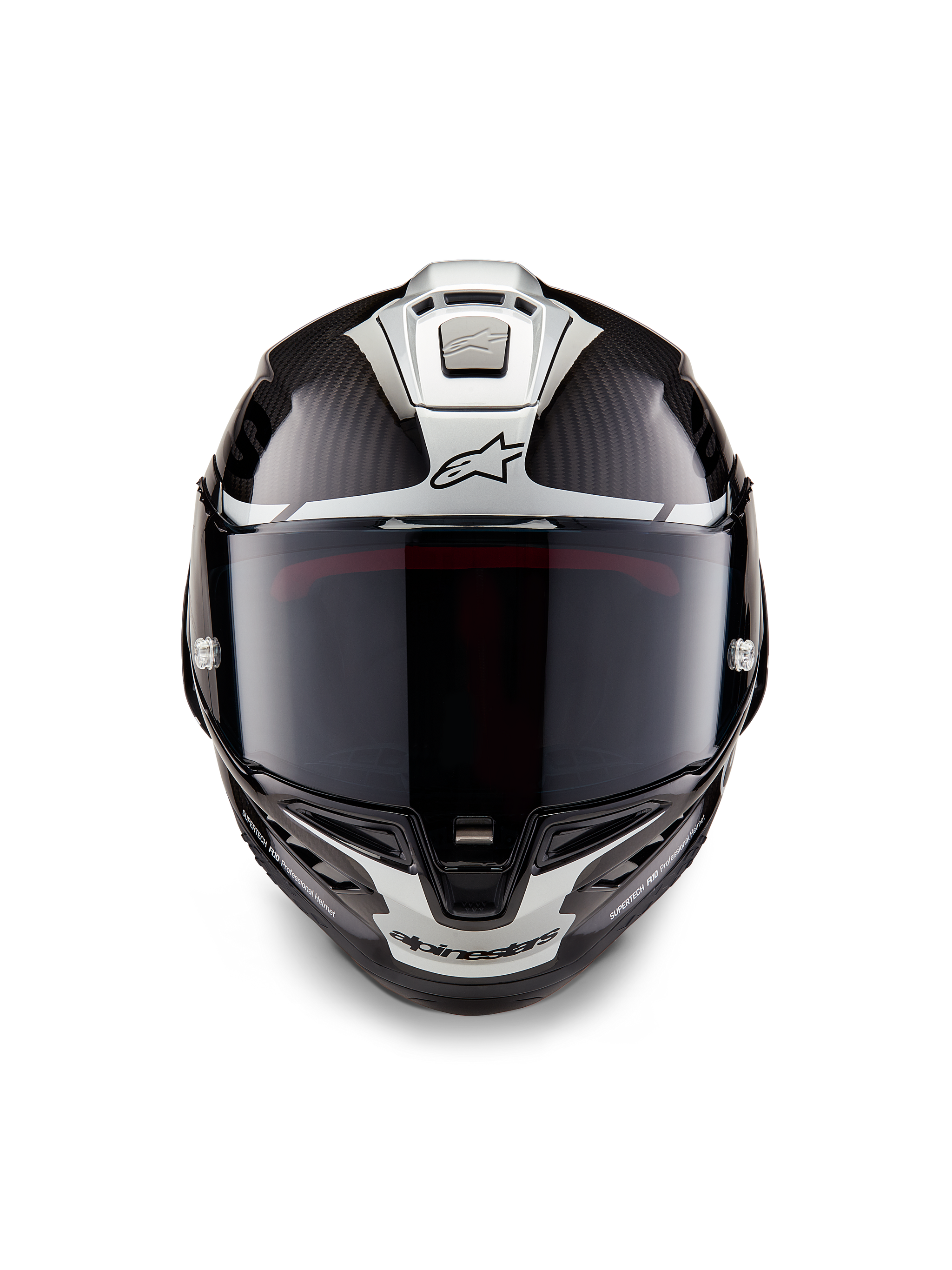 Alpinestars Supertech R10 Element Helmet, Full-Face Racing Helmet, Black Carbon Silver Black Glossy, front view showing dark smoke visor and glossy carbon fiber weave with silver aerodynamic graphics and Alpinestars logos
